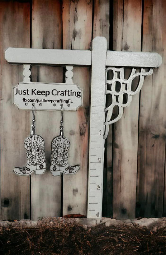 Engraved White Cowboy Boot Earrings
